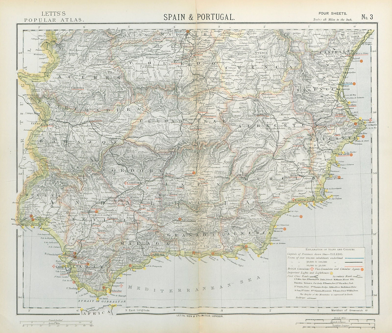 SOUTHERN SPAIN SOUTH Railways Lighthouses British Consulates. LETTS 1883 map